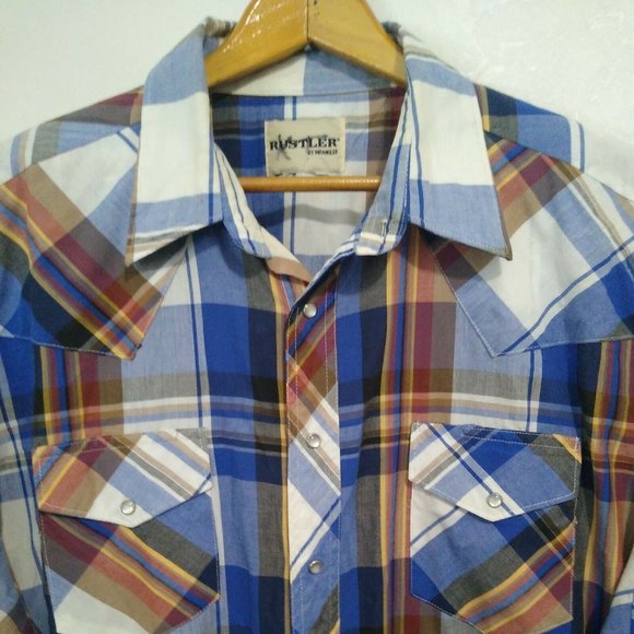 Vintage Rustler By Wrangler Shirt Pearl Snap Plaid Short Sleeves Blue XXL - Picture 3 of 5